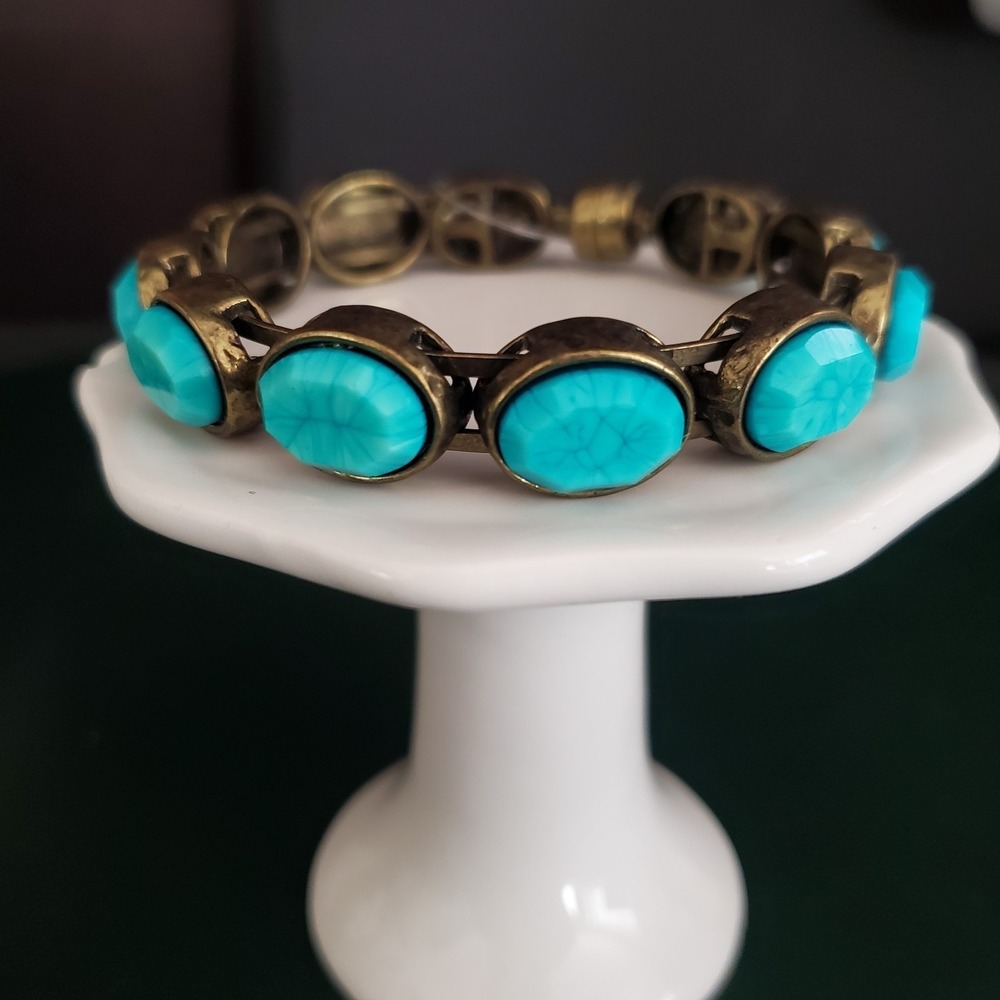 Chico's Lindy Bangle Bracelet Antique Bronze Faux Turquoise Cabochons NWT